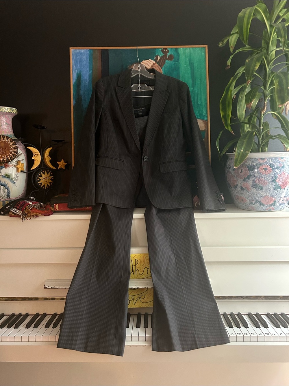 Banana Republic Pinstripe Blazer Wide Leg Pant Suit Set Size 10
